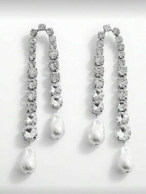 Clear Crystal and White Pearl Linear Drop Earrings